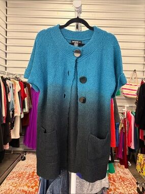 Kensie Teal to Charcoal Ombre Short-Sleeve Cardigan